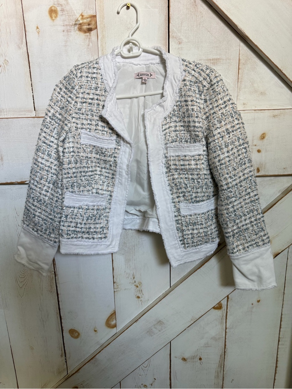 Nanette Lepore White and Gray Tweed Open-Front Jacket